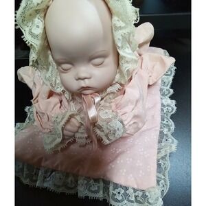 Vintage Our Own Import Porcelain Sleeping Baby Doll Pink Lace Bonnet Pillow